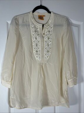 Tory Burch Ivory Embroidered Split-Neck Silk Tunic size 6